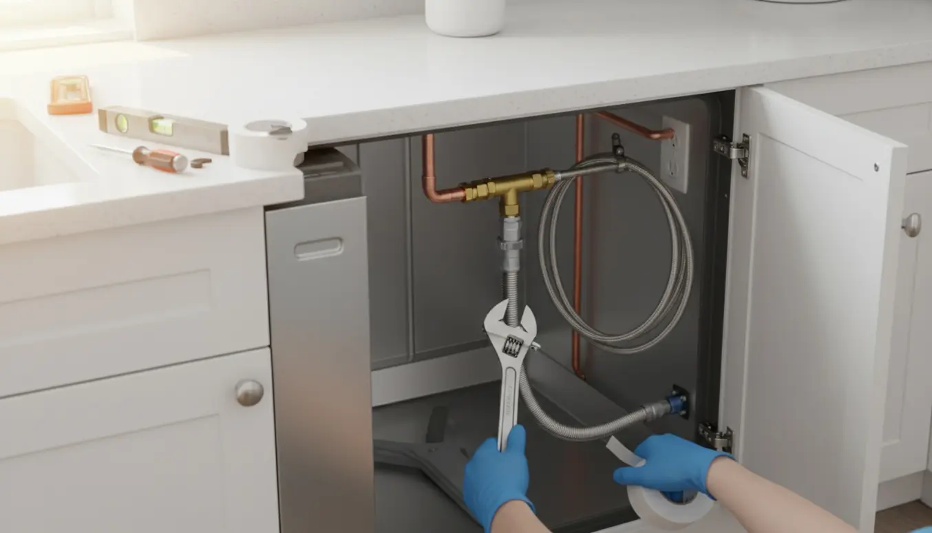 Hænder forbinder ny opvaskemaskine under bordpladen med vand- og afløbsslanger.