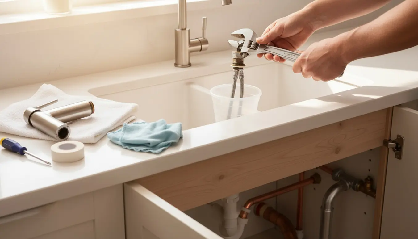 Hænder udskifter et køkkenblandingsbatteri ved vasken med værktøj og et nyt blandingsbatteri ved siden af.
