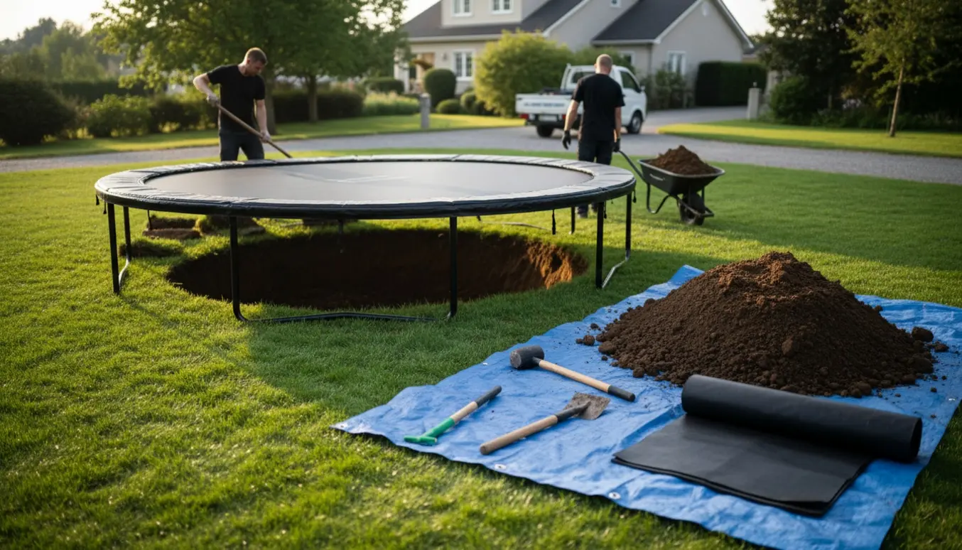 Sort trampolineramme ved siden af et nysgravet rundt hul i en grønt velplejet baghave med jord og værktøj klar til bortkørsel.