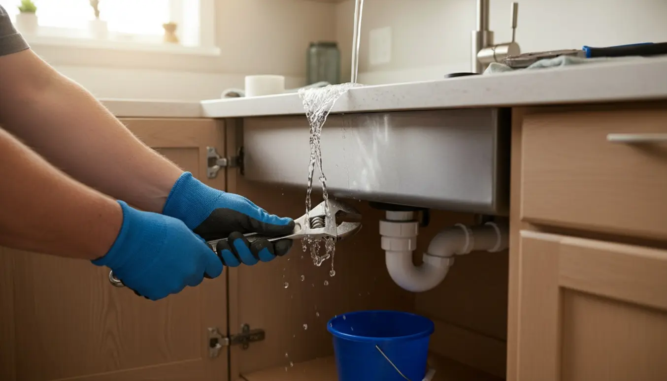 Hænder reparerer en utæt afløb under en køkkenvask med værktøj og en spand.