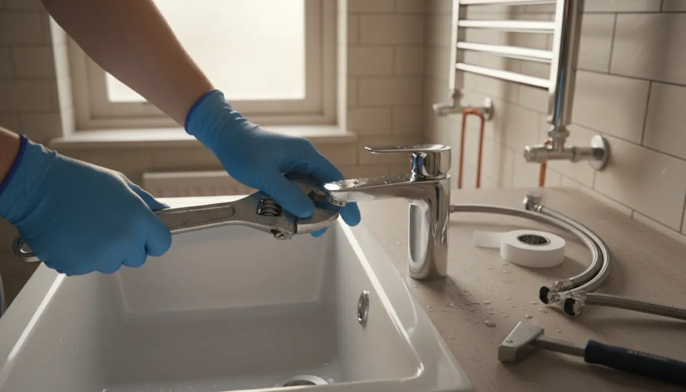 Hænder monterer en ny krombatteri på et håndvask mens et vandbaseret håndklædetørrer er delvist monteret på væggen.