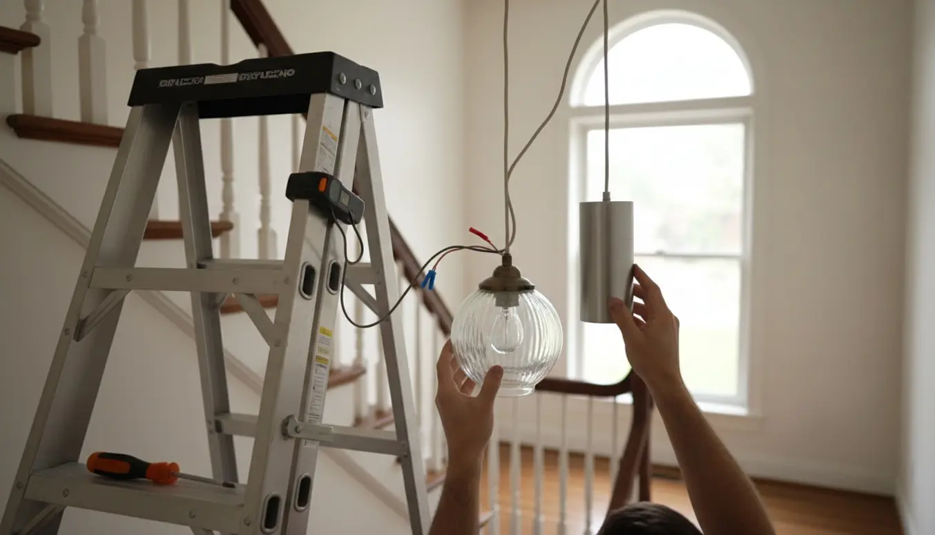 Udsnit af en person, der skifter en lampe over en trappe, hvor hænder og værktøj er i fokus.