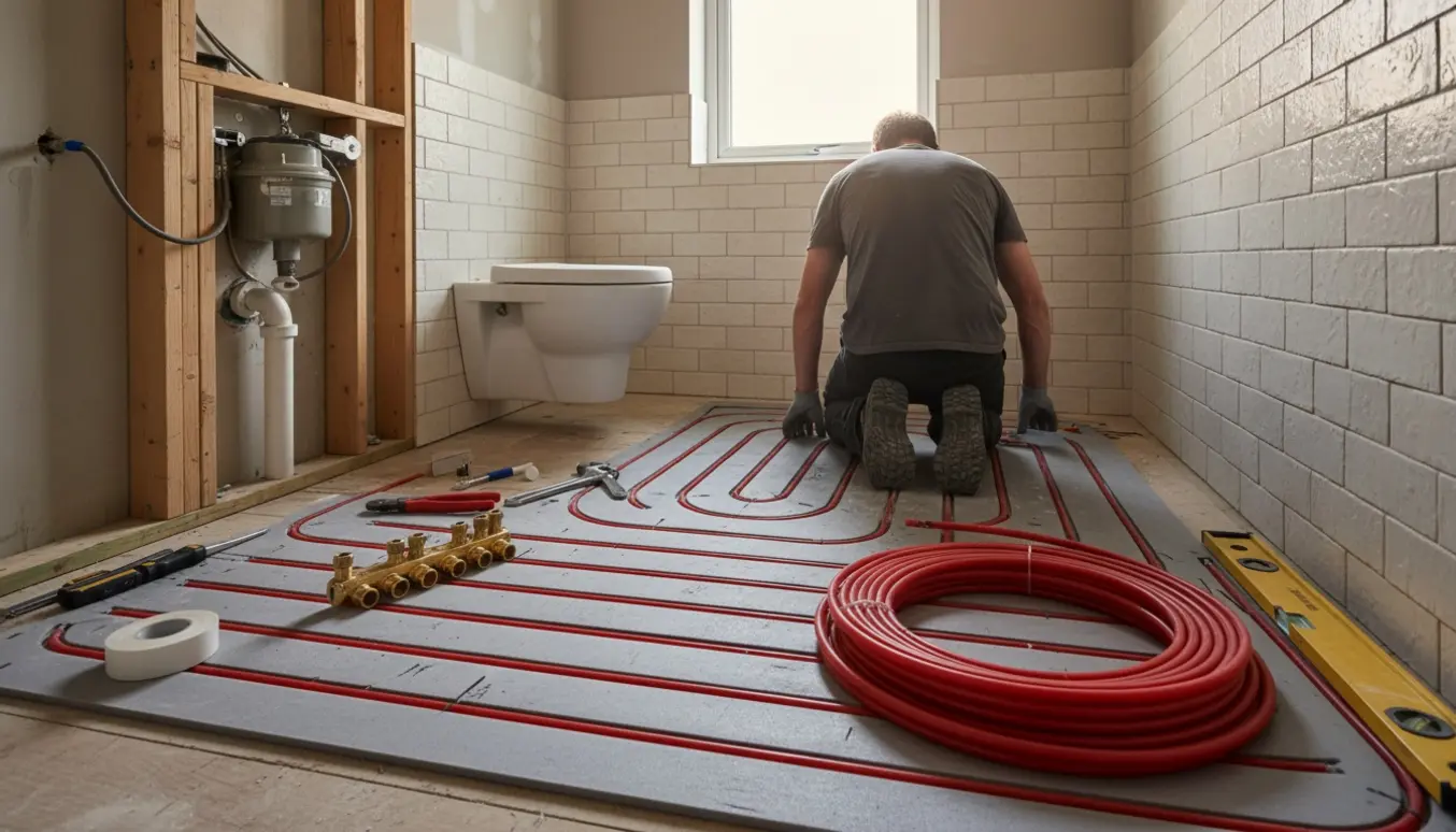 VVS-installatør lægger gulvvarme-rør og monterer ramme til væghængt toilet i et lille badeværelse.