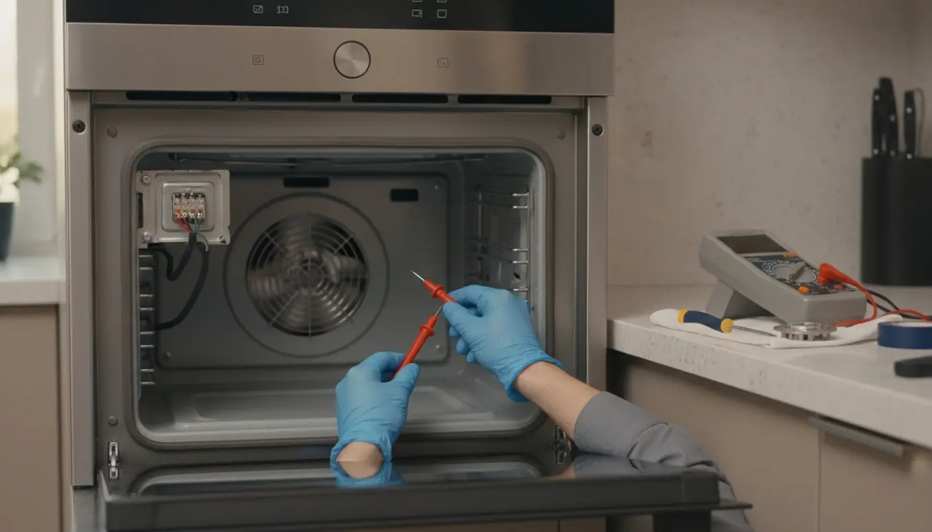 Hænder tester ovnens termostat med multimeter mens ovndøren er åben og indikatorlampen er slukket.