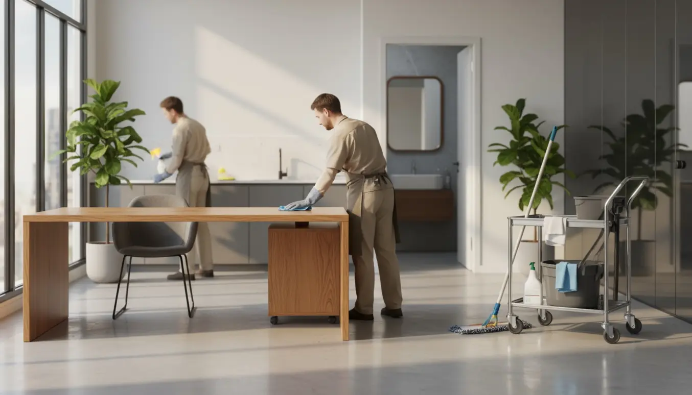 Rengøringsperson tørrer et skrivebord i et lyst, moderne kontor med køkkenområde og toilet i baggrunden.