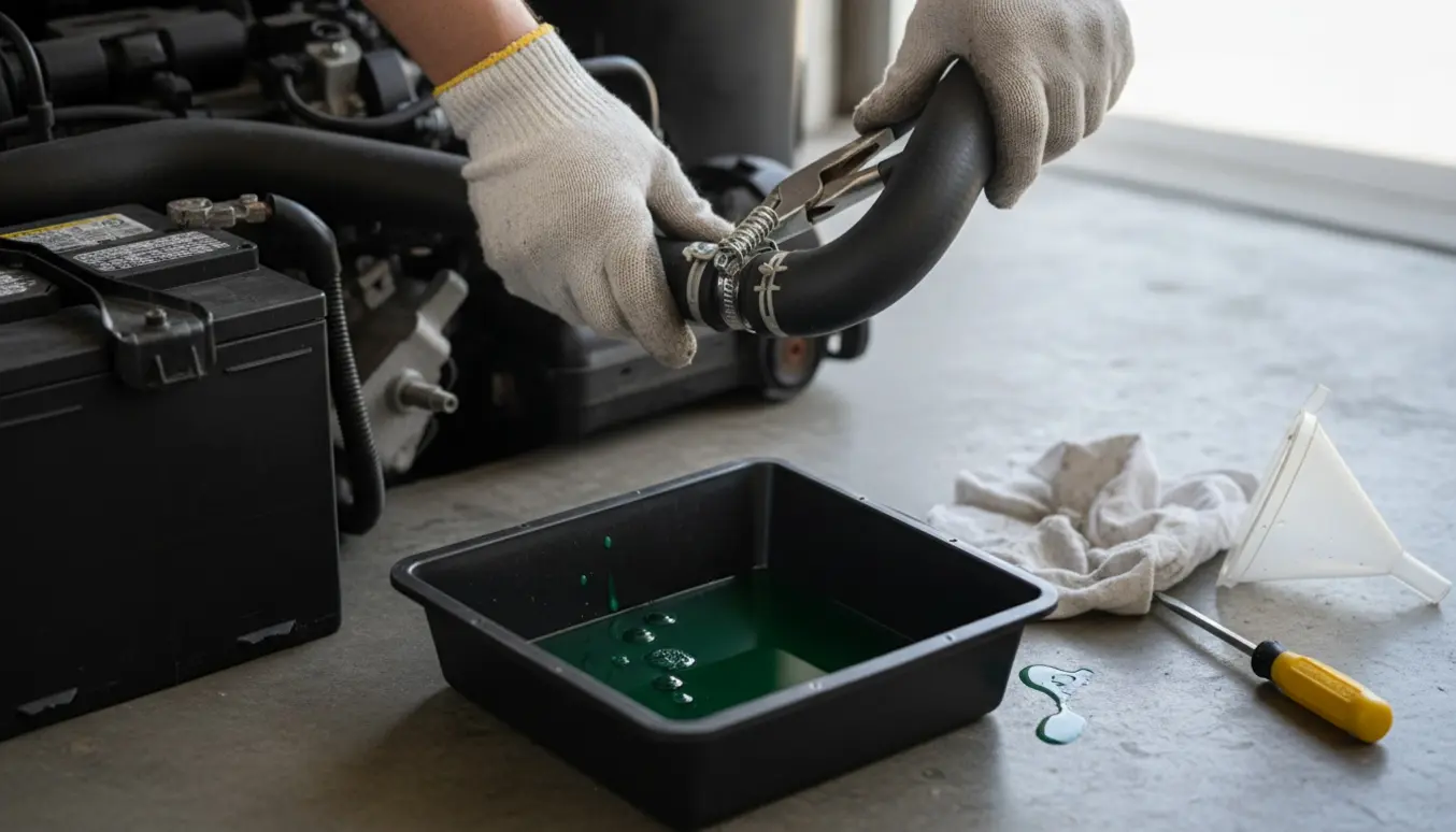 Hænder monterer en kølerslange ved batteriet i en garage med kølervæske og værktøj synligt.