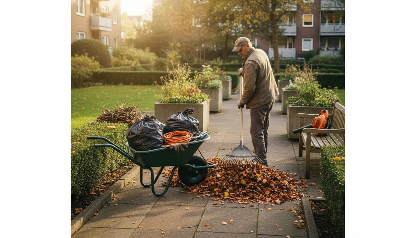 Havemand rydder blade og fjerner ukrudt i et velholdt udeareal med trillebør og haveredskaber.