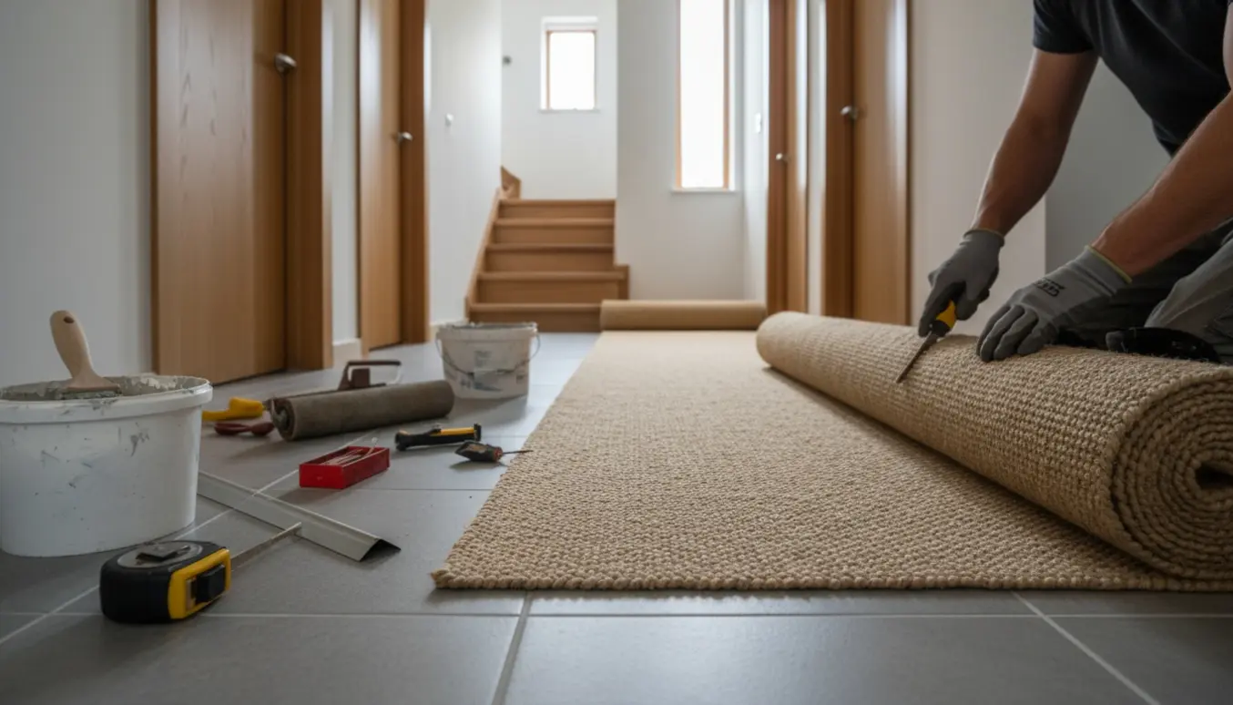 Installation af sisal-gulvtæppe i en smal gang med klinker, fire døre og trappe, hvor en hånd trimmer tæppet ved dørkarmen.