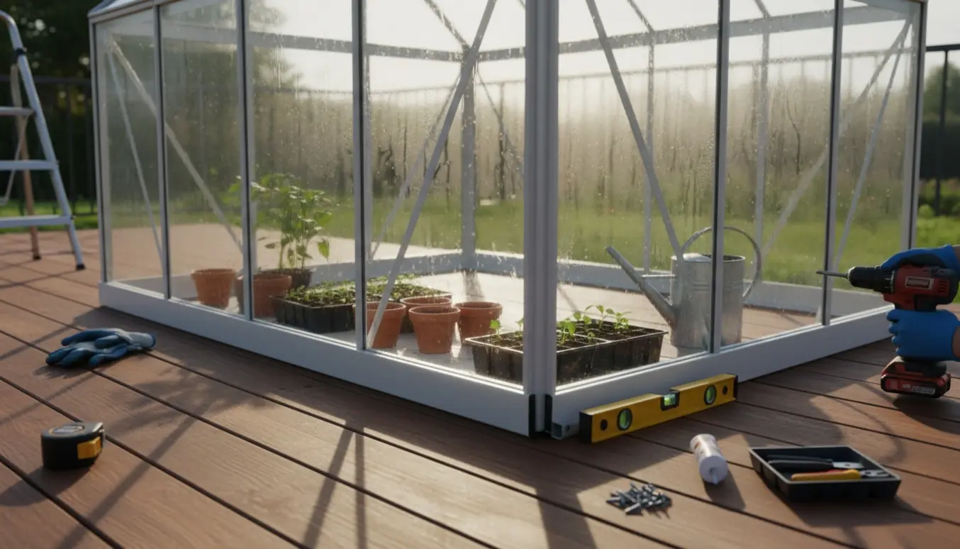 Delvist opsat glasdrivhus på en solbelyst træterrasse med handsker og værktøj ved monteringen.