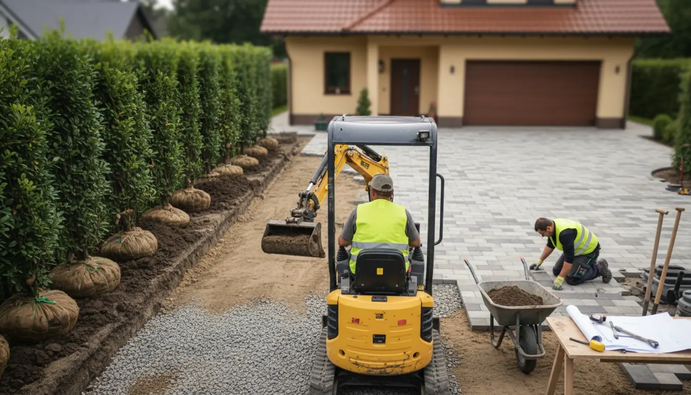 Nyanlagt indkørsel under anlæg med gravemaskine, flytning af hæk og delvist lagt flisebelægning.