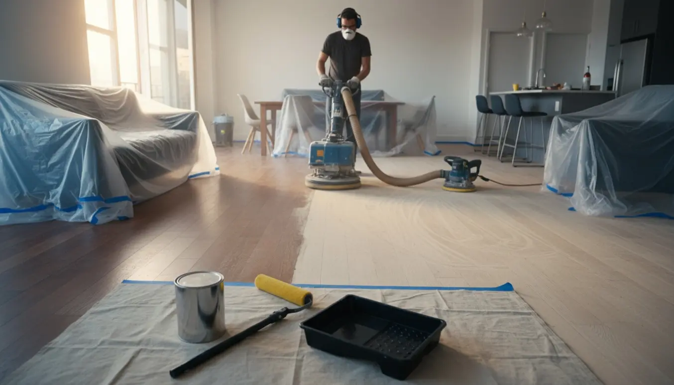 Plankegulv i åben lejlighed delvist slebet og klar til lakering, møbler dækket af plastik.