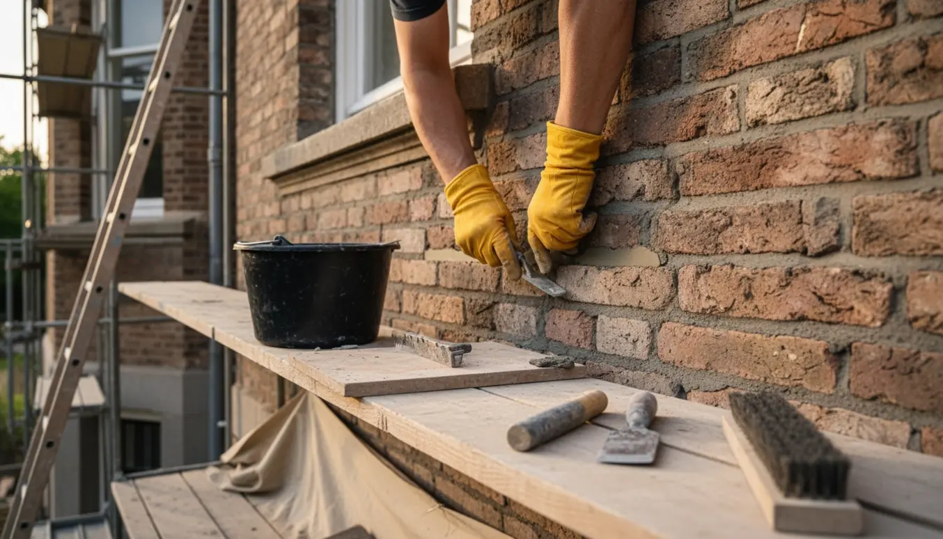 Nærbillede af fugearbejde på en udendørs murstensmur fra en 1927 villa med stillads og stige i baggrunden.