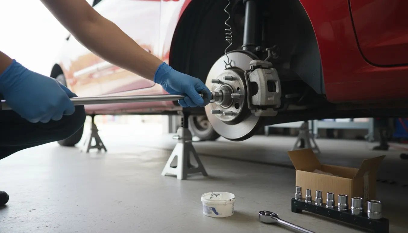 Udskiftning af forhjulsleje på en løftet bil, hvor eksponeret hjulnav og handskerede hænder arbejder med værktøj.