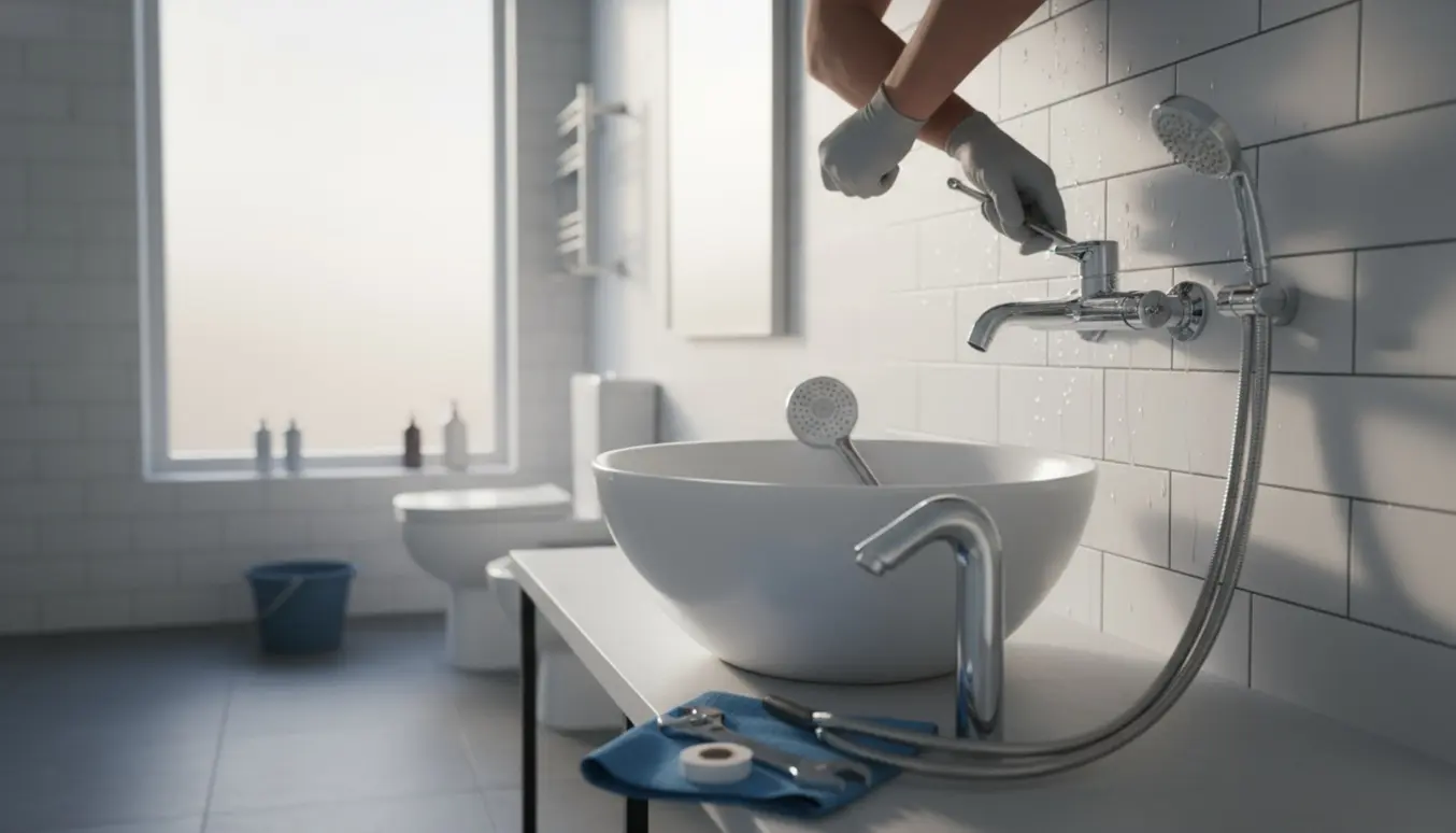 Nærbillede af hænder, der monterer et nyt krom bruserblandingsbatteri og udskifter en vandhane i et lyst badeværelse.