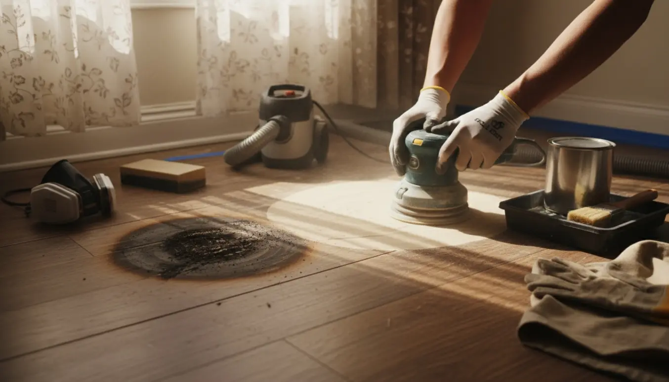 Trægulv med overfladiske brændmærker, en slibemaskine og lakudstyr i varmt dagslys.