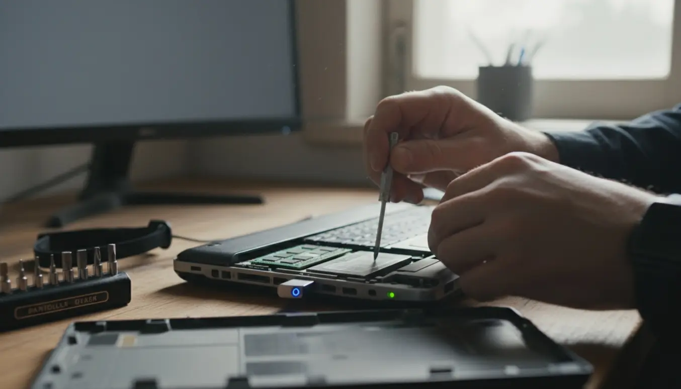 Tekniker arbejder på en åben bærbar med tændt strøm og værktøj klar til geninstallation af Windows.