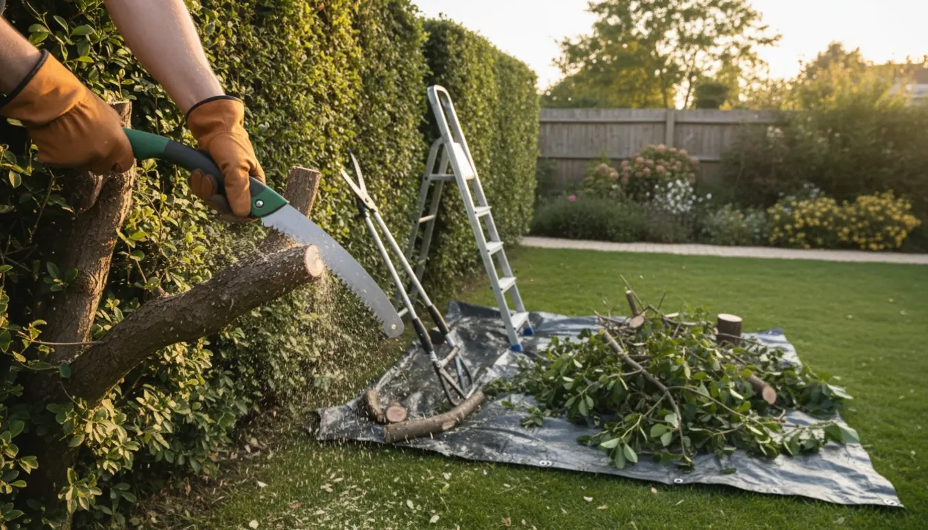 Handskenødder saver en stor hækgren i en solbeskinnet have med afklippede grene samlet på presenningen.