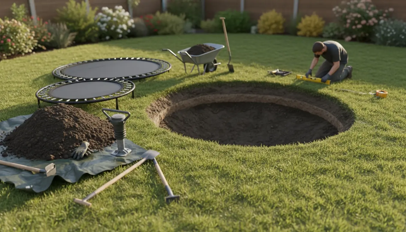 Nedgravet trampolingrav i have med bortført jord, trillebør og værktøj.