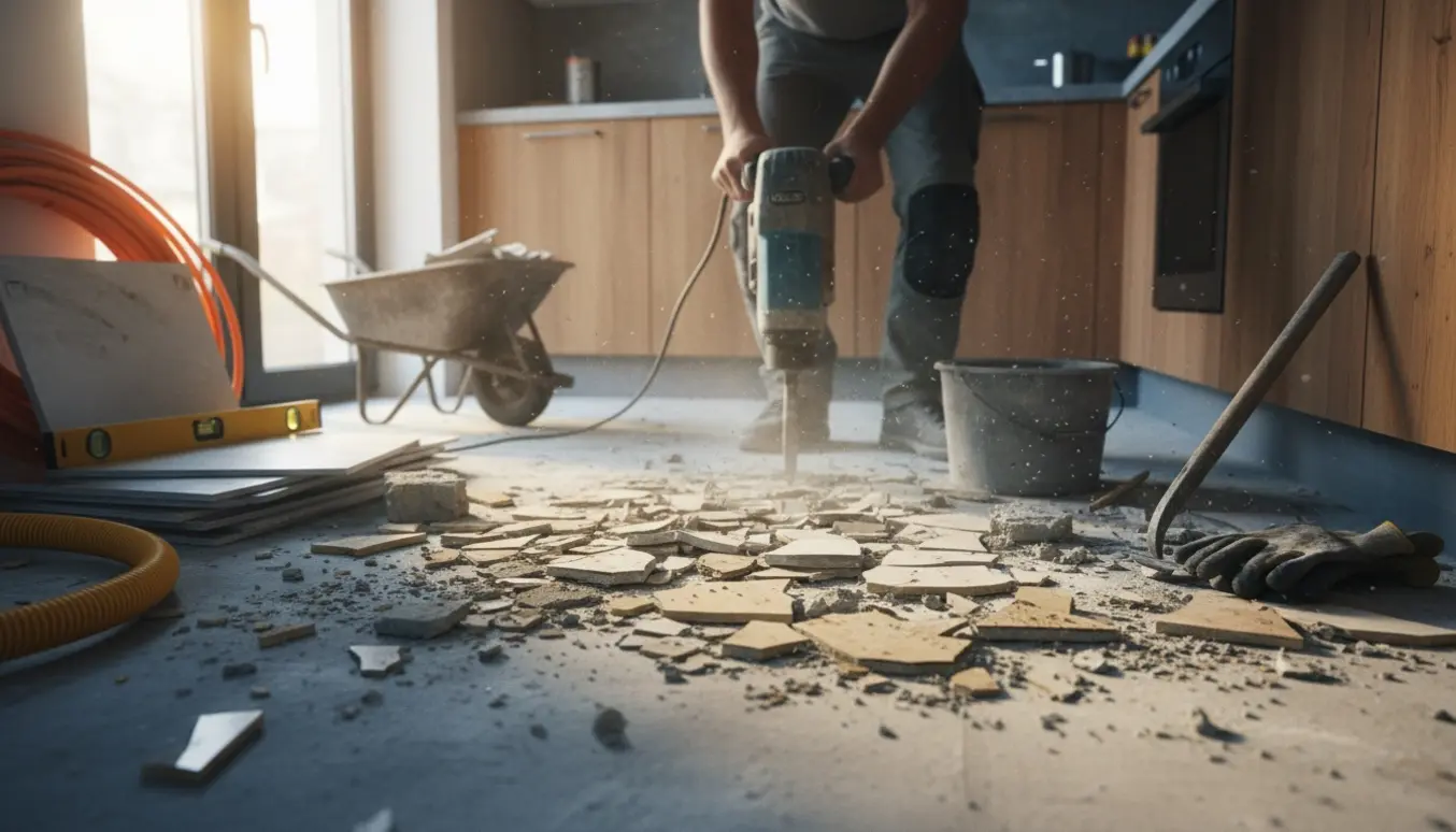 Køkkengulv hakkes op med mejselhammer, smuldrede fliser og gulvvarmerør klar ved siden af.