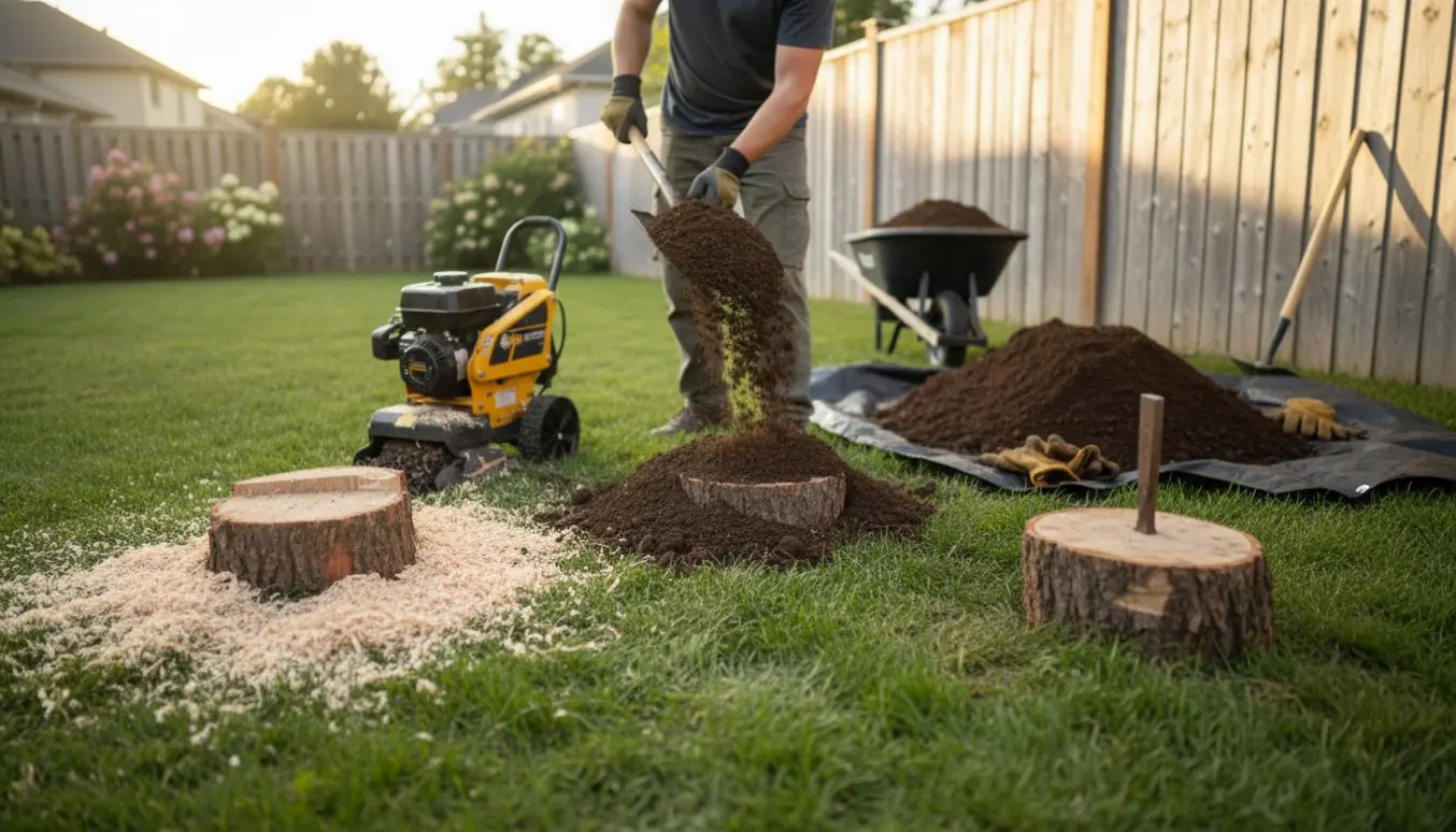 Tre små træstubbe i en have med savsmuld, skovl og jord klar til at blive dækket.