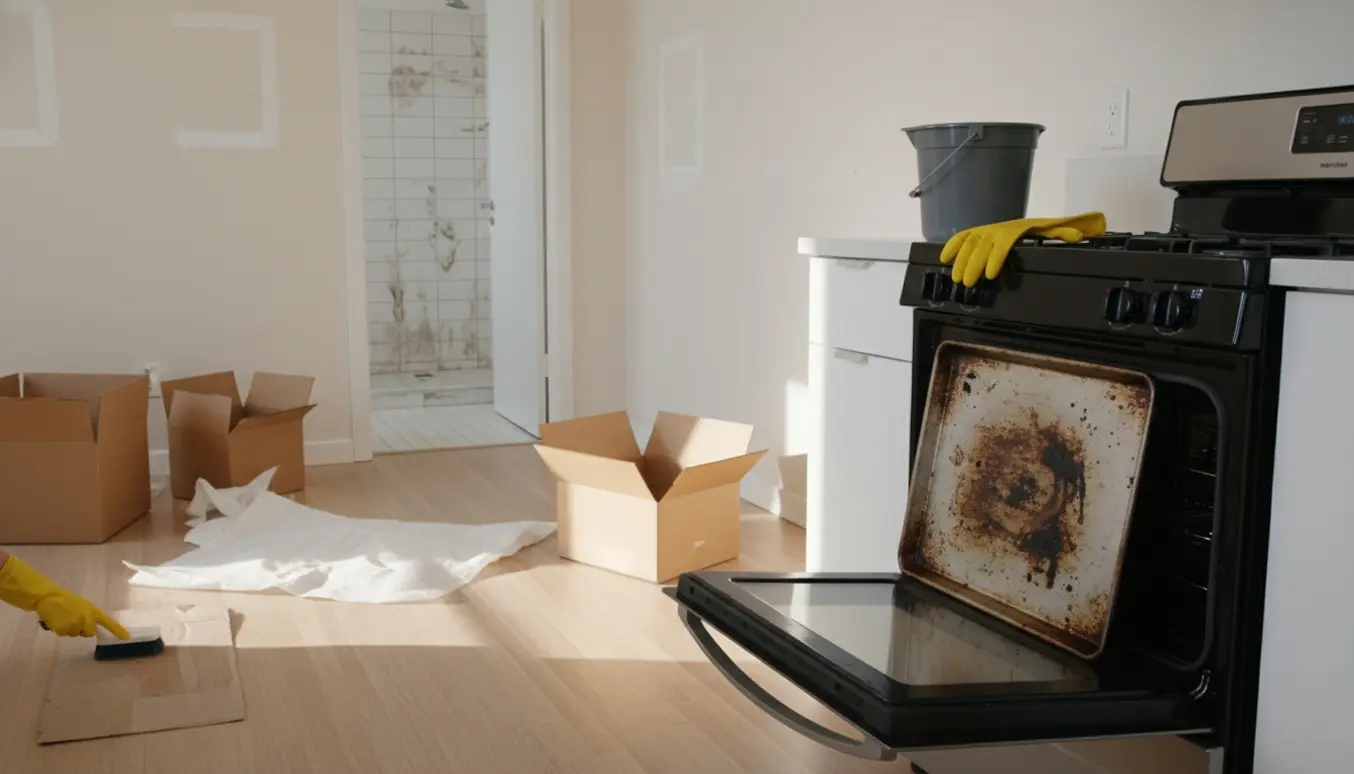 Tom fraflyttet toværelses lejlighed med åben ovn, snavsede baderumsklinker, flyttekasser og rengøringshandsker i forgrunden.