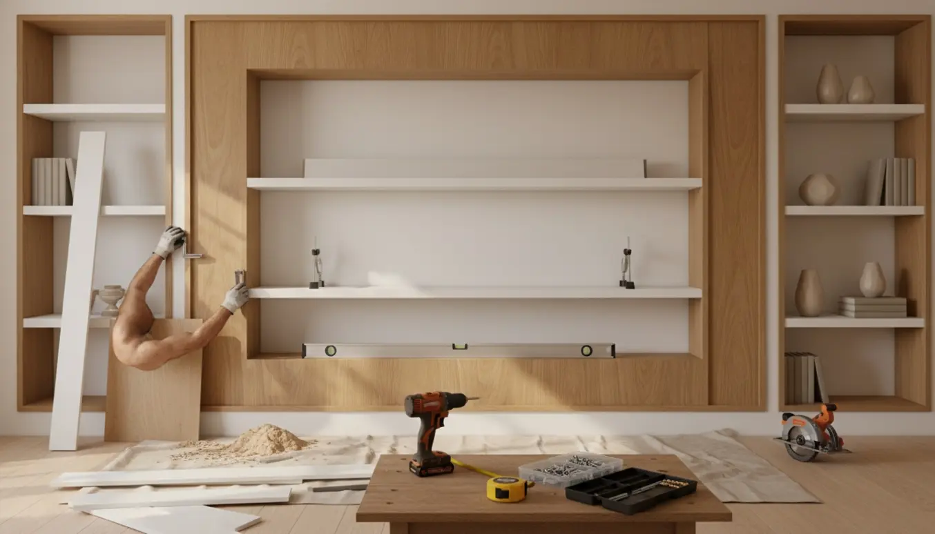 Indbygget reol under montering i en lys stue med værktøj og træpaneler.