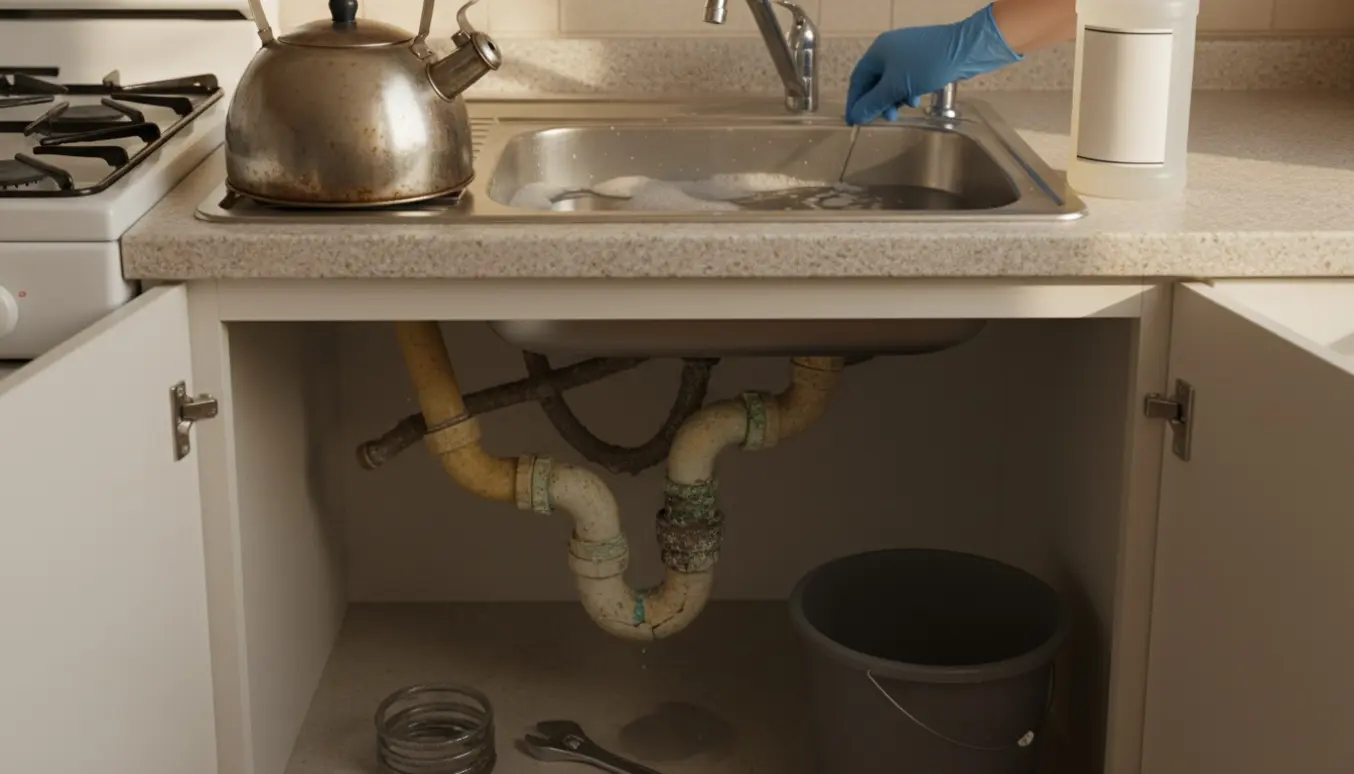 Delvist stoppet køkkenvask med vand i vasken, åbent underskab der viser gamle plastikrør, en spand og værktøj klar til afløbsreparation.