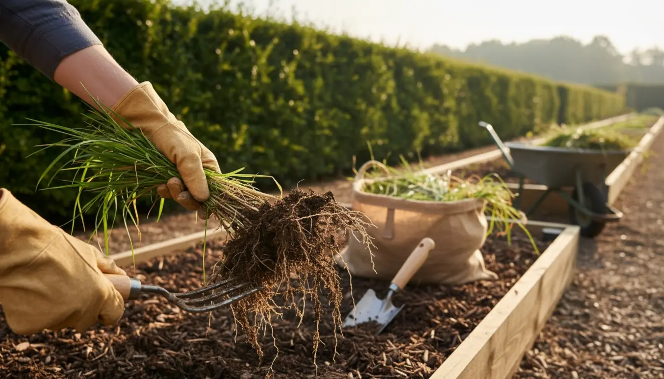 Handskerede hænder trækker højt græs op med rødder langs kanten af en lang hæk i en have.