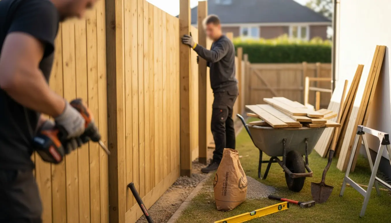 To personer monterer et nyt træhegn i en solbeskinnet baghave, mens gamle paneler ligger klar til bortskaffelse.