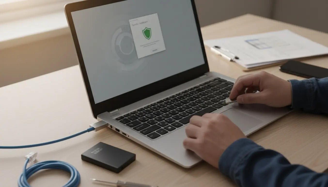 Tekniker arbejder på en Medion Akoya-bærbar ved et ryddeligt skrivebord, mens sikkerhedssoftware installeres.