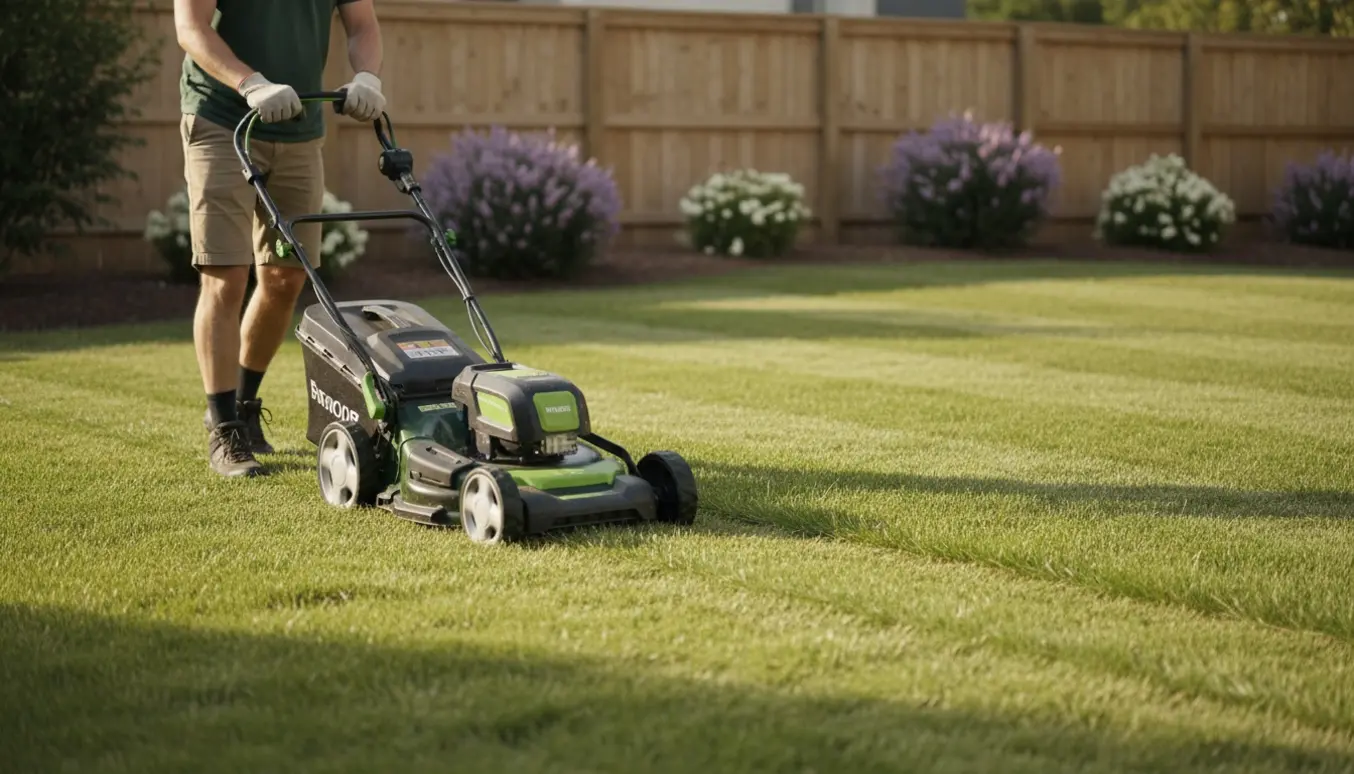 En person klipper en medium stor græsplæne med en gåplæneklipper, hvor nyslået græs danner tydelige striber.