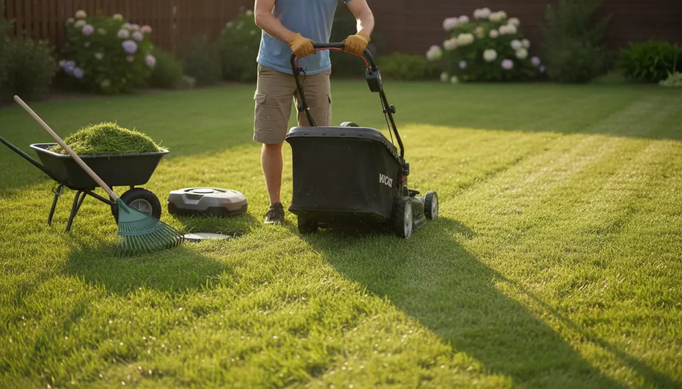 En person slår græs med en plæneklipper med opsamler, mens en robotplæneklipper står uvirksom ved kantstenen.