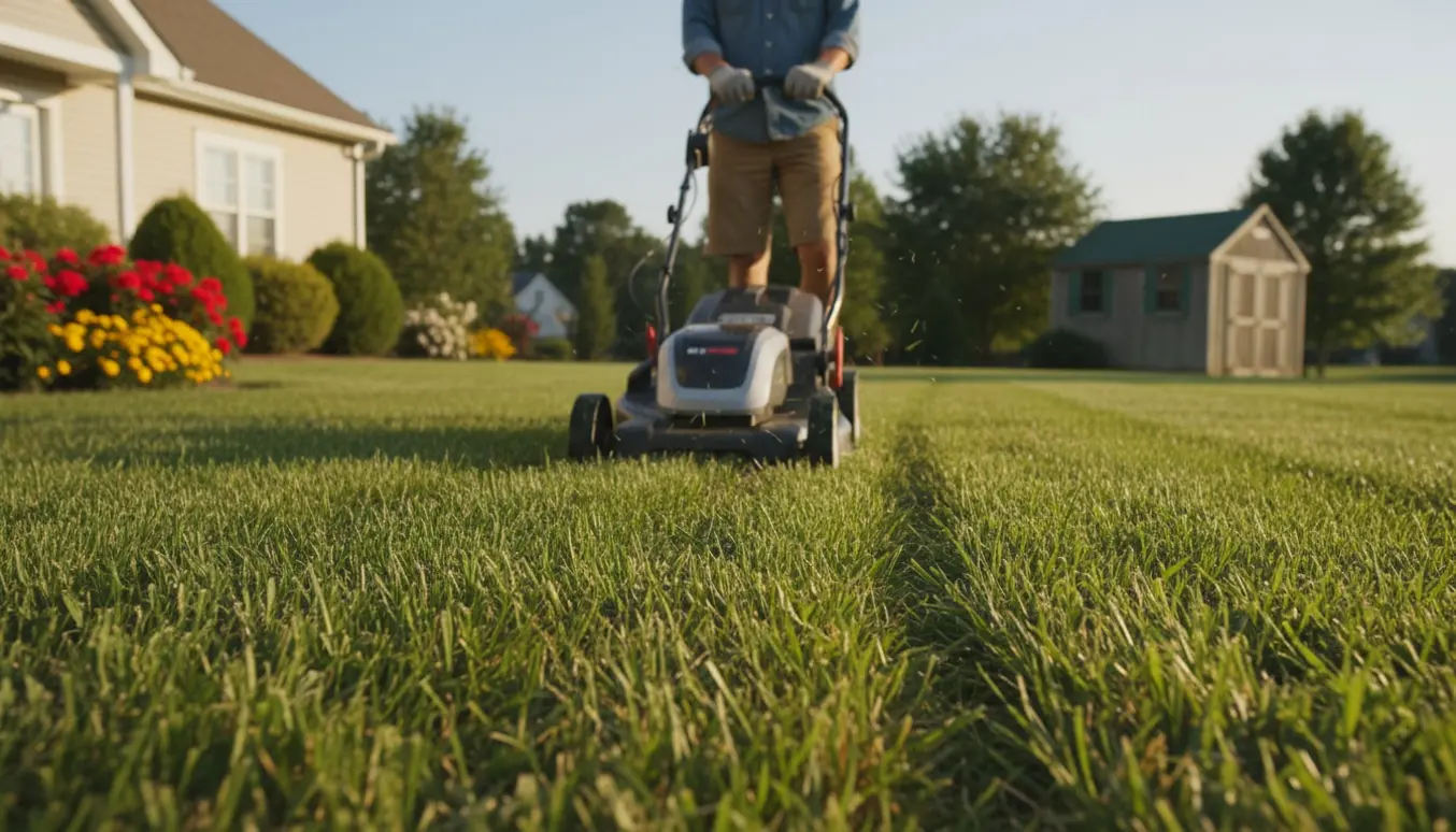 Plæneklipper i aktion på en nyslået, mellemstor græsplæne ved et parcelhus.