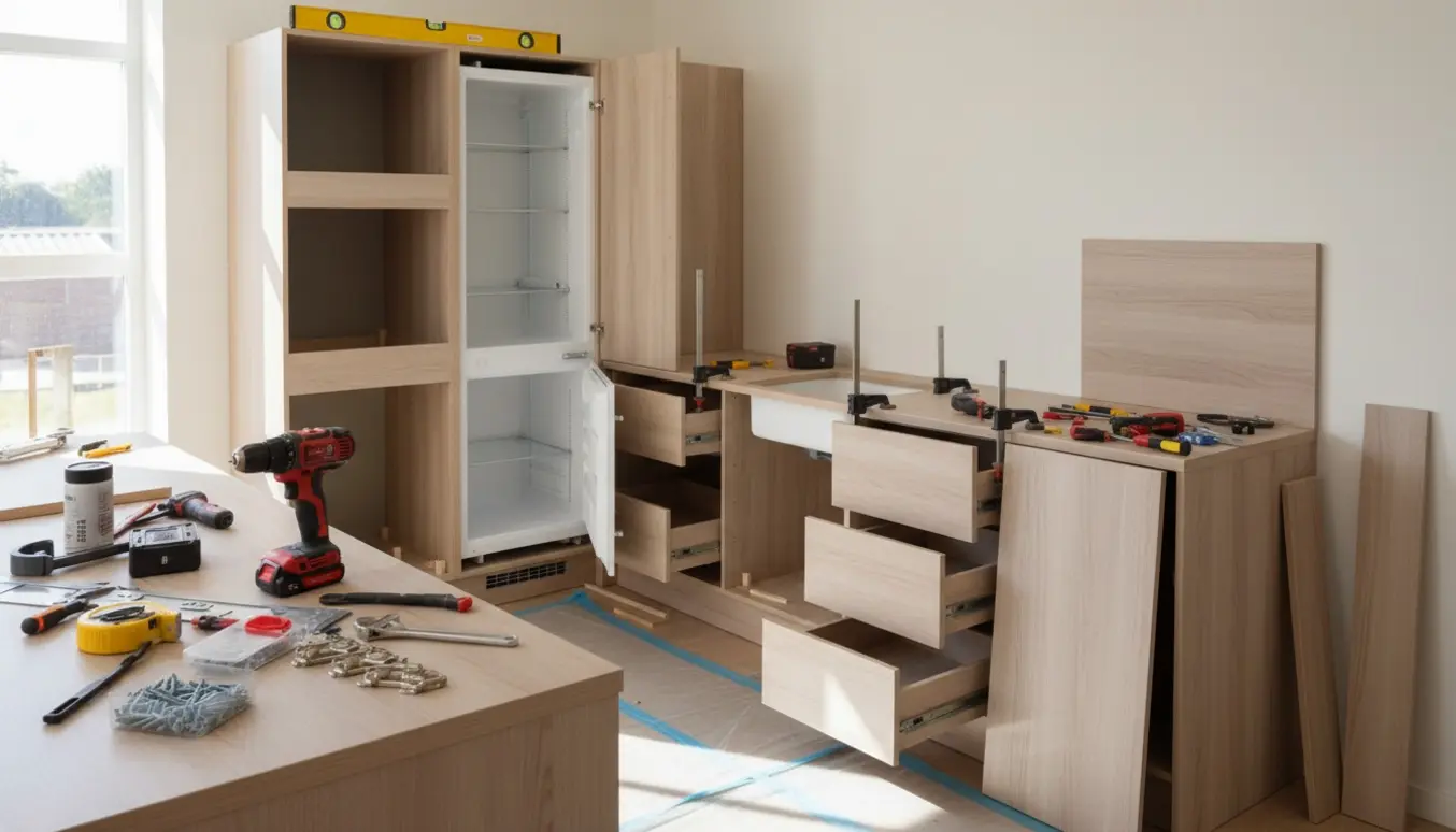 Halvfærdigt Ikea-køkken med værktøj, skuffer og åbne modulrum til integrerede hvidevarer.