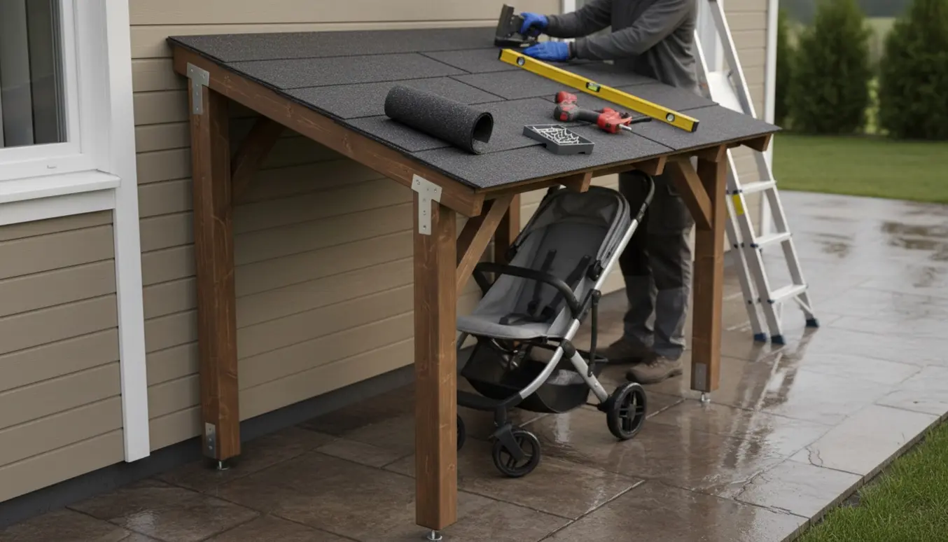 Lille overdækning monteret på husfacade med tagpap, hvor en barnevogn står tørt under.