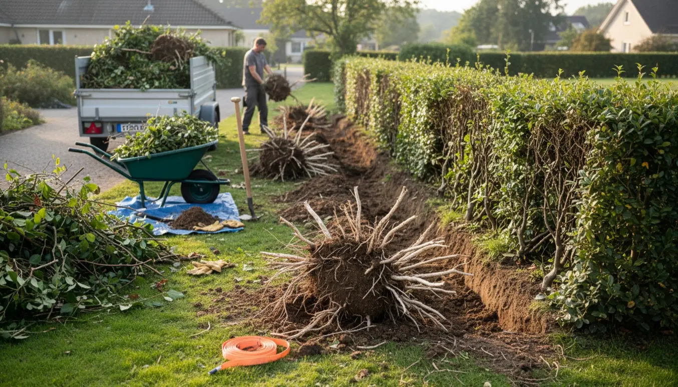 Opgravning af en 6 m hæk med eksponerede rødder og trailer fyldt med haveaffald.