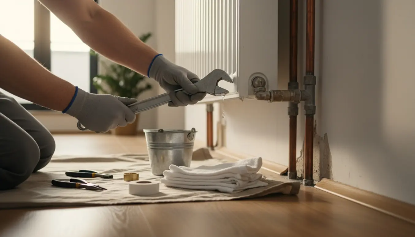 Hænder løsner en radiatorventil med en skruenøgle over en spand og håndklæder på et beskyttelsesunderlag.