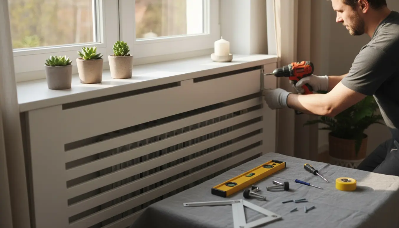 Hvid minimalistisk radiatorskjuler under et stort vindue, håndværker monterer den med værktøj.