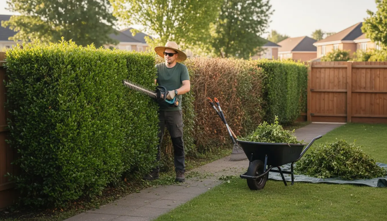Gartner trimmer en høj, tæt ligusterlignende hæk og lægger afklip i en trillebør.