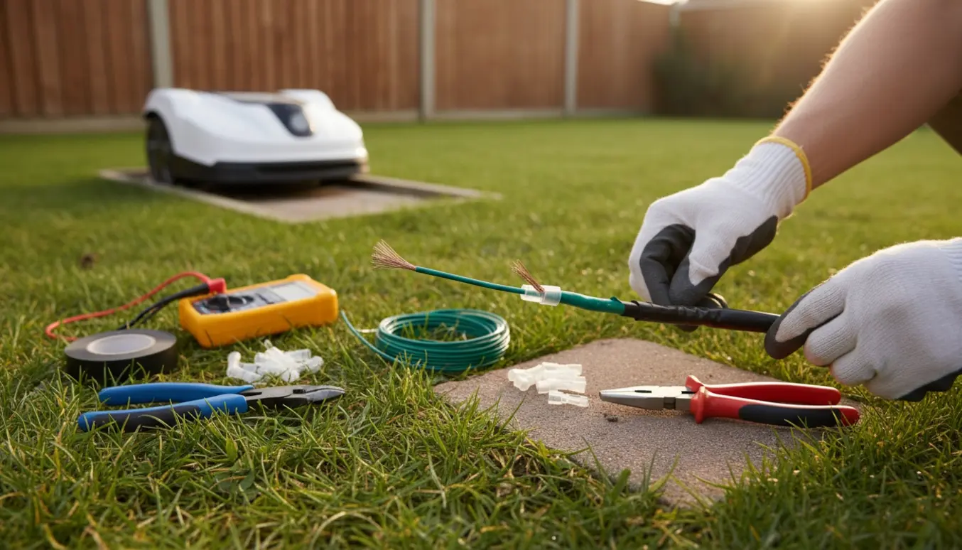 Nærbillede af hænder, der genforbinder afbrudt kanttråd ved en robotplæneklippers ladestation i en baghave.