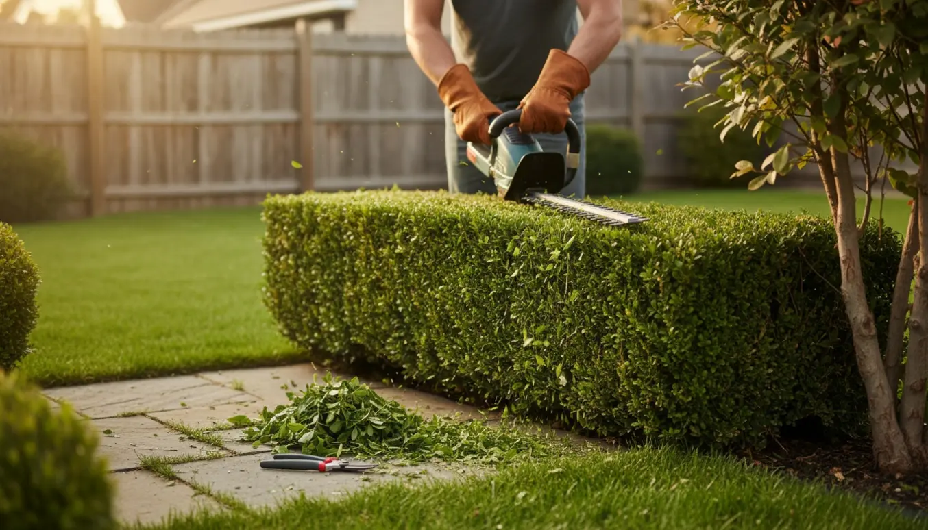 En person uden synligt ansigt trimmer en grøn hæk i en solrig have.