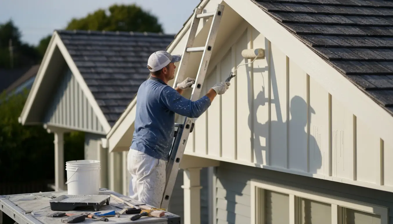 En stige støtter op ad et hus, mens en maler med forlængerrulle maler en gavl og udhæng.