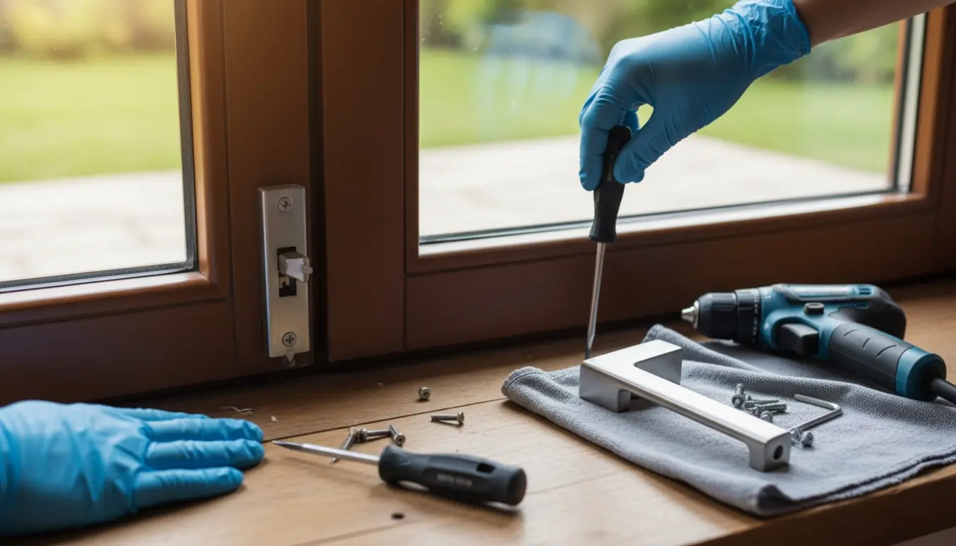 Nærbillede af reparation af terrassedørs håndtag med værktøj og nyt udvendigt håndtag klar til montering.