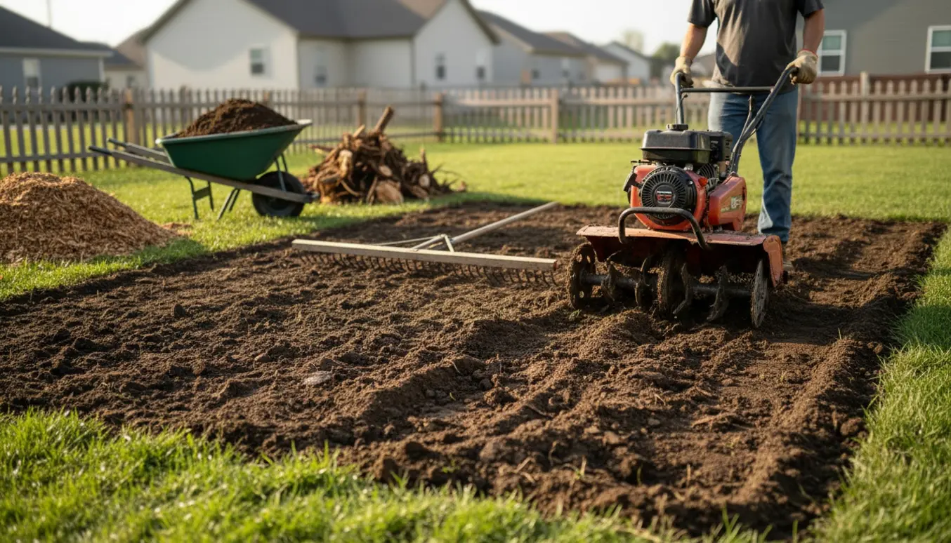 En have under fræsning og udjævning med havefræser, rive og trillebør foran en ryddet græsplæne.
