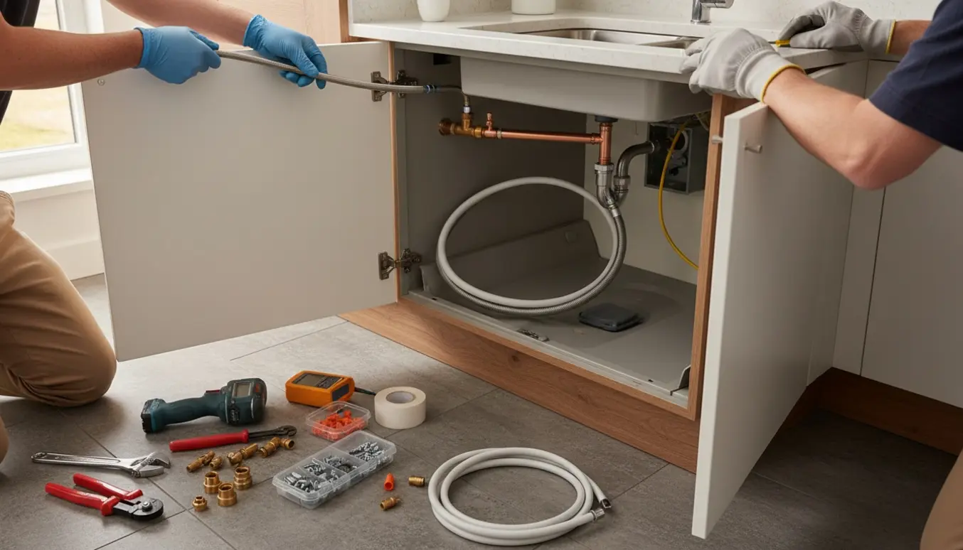 Installation af vand- og eltilslutning til opvaskemaskine i et åbent køkkenskab.