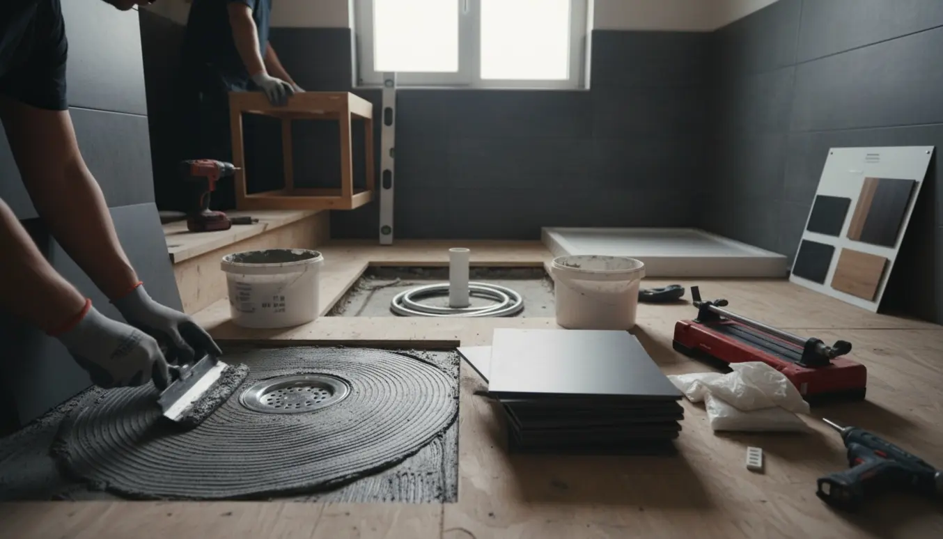 Delvist renoveret badeværelse under opbygning med vådrumssikring, fliser og værktøj.