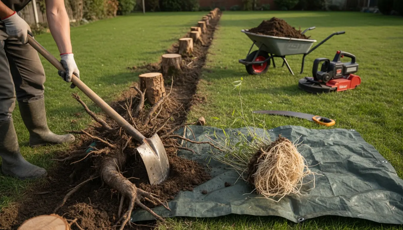 Opgravning af bøgehækstubber og rødder i have med skovl, hakkejern og en bunke opgravet bambus.