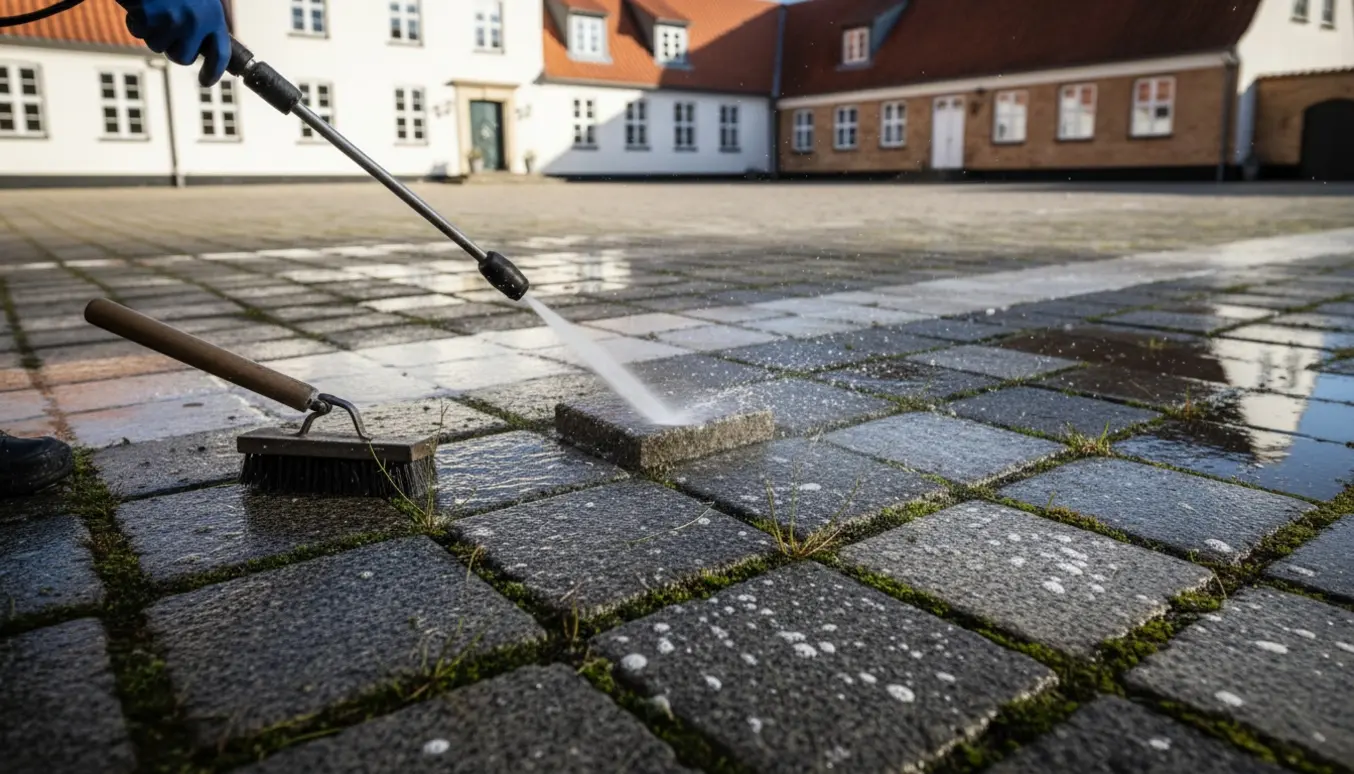 Nærbillede af rengøring af herregårdsten med højtryksrensning og fjernelse af mos og ukrudt.