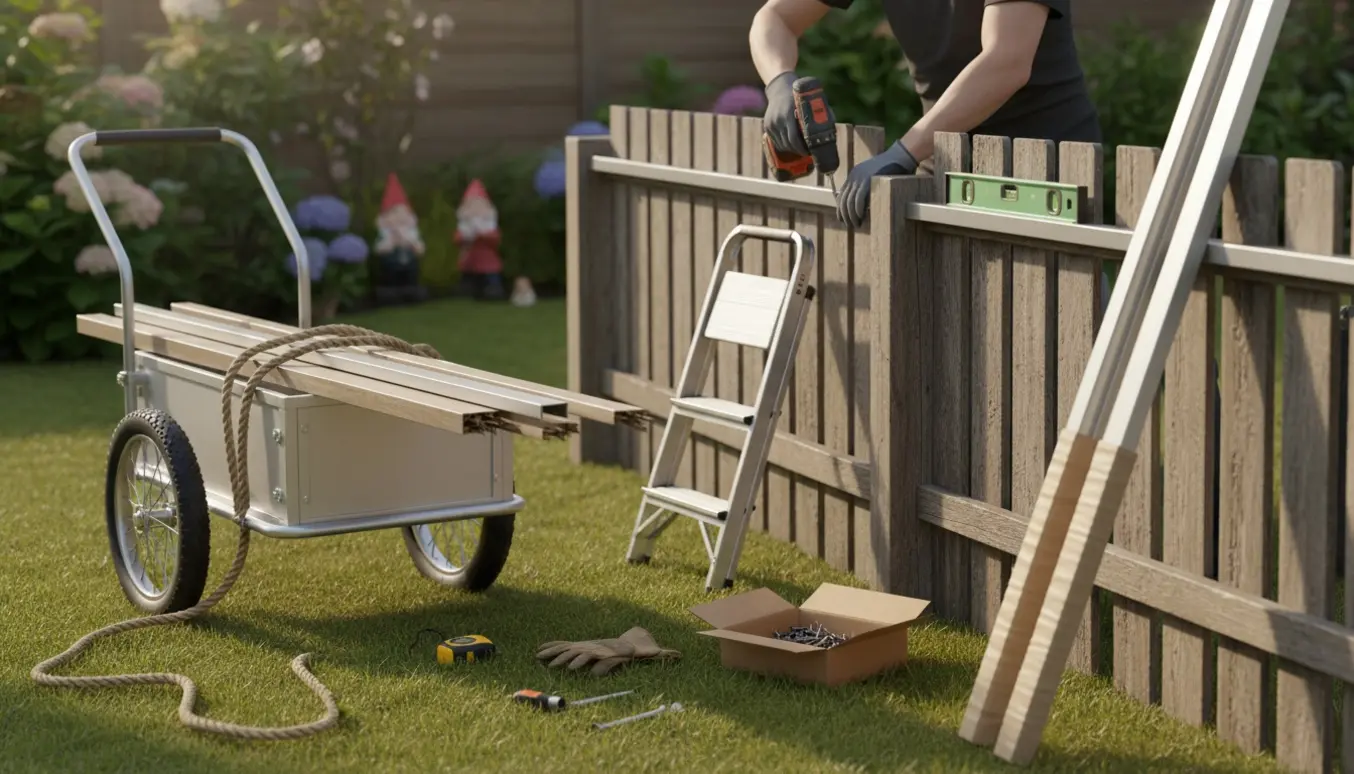 Person udskifter tre topprofiler på et havehegn, nye profiler står klar og de afmonterede er bundet på en cykelanhænger klar til afhentning.