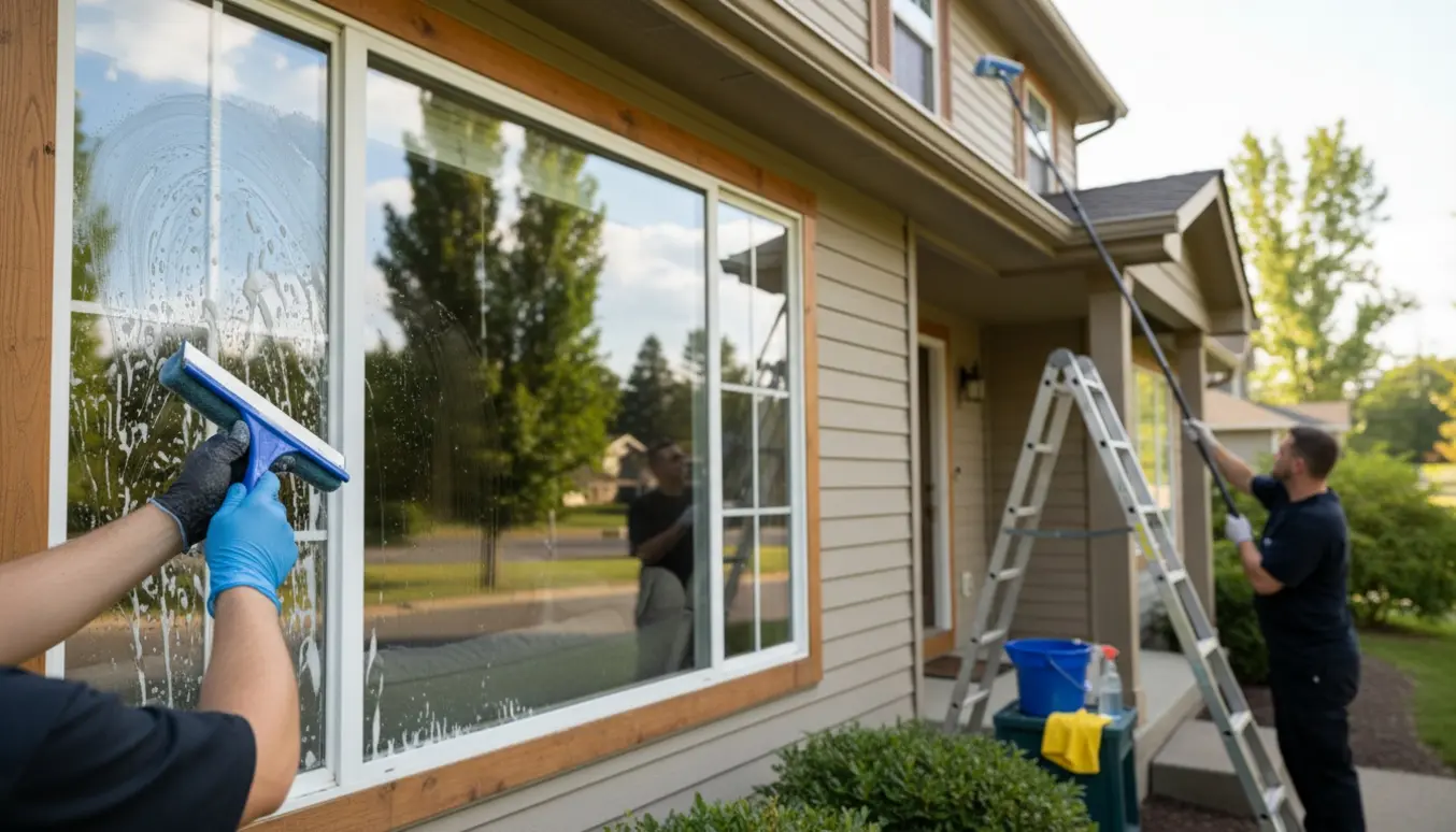 Udendørs vinduespudsning af husets kælder-, stue- og 1. sal-vinduer med svelle, spand og mikrofiberklud.